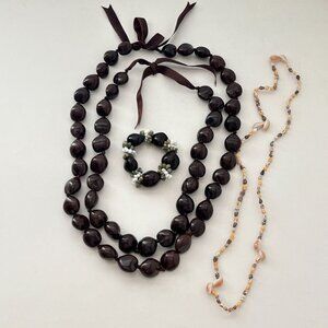 Lot 4 Hawaiian Polished Kukui Nut Shell Lei Necklace Bracelet Brown Hand Knotted